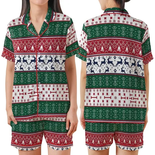 Dog & Cat Festive Jumper: Fair Isle Reindeer, Tree, Bone Knit Cotton Sleepwear Satin Short-Sleeve Pajamas Set