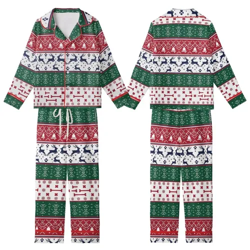 Dog & Cat Festive Jumper: Fair Isle Reindeer, Tree, Bone Knit Cotton Sleepwear Kid Satin Pajamas Set
