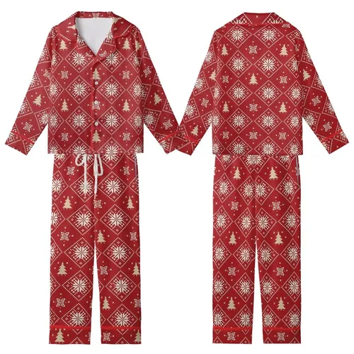 Winter Style Enthusiasts' Deep Red Fair Isle Geometric Diamond Snowflake Reindeer & Tree Pattern Kid Satin Pajamas Set