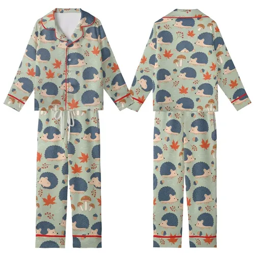 Nature Lovers' Whimsical Hedgehog Orange-Red Maple Leaf Sage Green Pattern Kid Satin Pajamas Set