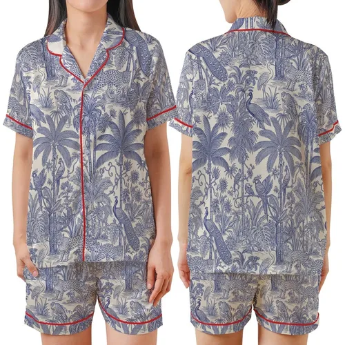 Women's Bridal Party Cobalt Blue Toile Exotic Jungle Peacock Pure Indian Cotton Short Pajama Set Satin Short-Sleeve Pajamas Set