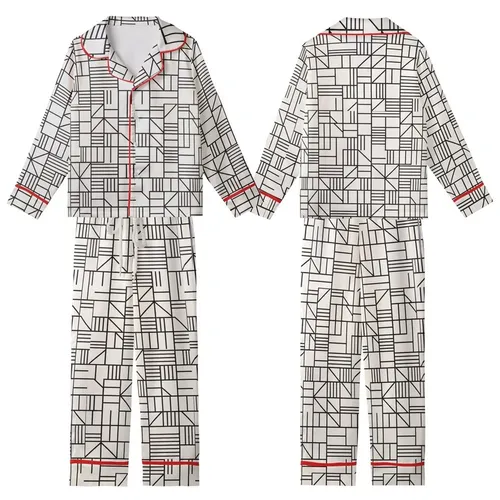 Women's Abstract Geometric Stripe Cotton Sleep Set: Black & Off-White Sharp Line Design Kid Satin Pajamas Set