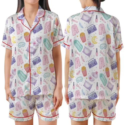 Girls' & Tweens' Slumber Party Pajamas: Whimsical Popcorn, Sleep Mask & Watercolor Elements Satin Short-Sleeve Pajamas Set
