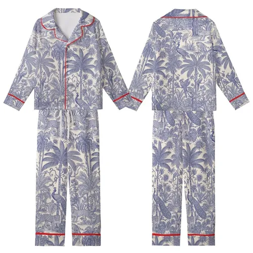 Women's Bridal Party Cobalt Blue Toile Exotic Jungle Peacock Pure Indian Cotton Short Pajama Set Kid Satin Pajamas Set