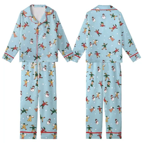Festive Winter Fun: Hand-Drawn Snow Angels, Skaters, Snowmen Pattern - Cheerful Sky Blue Design Kid Satin Pajamas Set