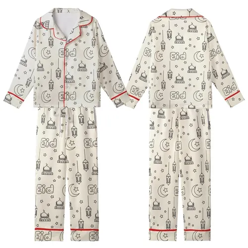 Playful Eid Celebration: Hand-Drawn Mosque & Moon Outline Art Print Kid Satin Pajamas Set