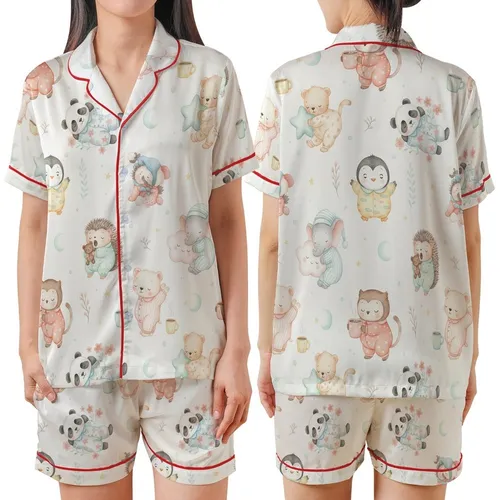 Watercolor Baby Animals Pajamas: Woodland Critters Seamless Pattern Sleep Set Satin Short-Sleeve Pajamas Set