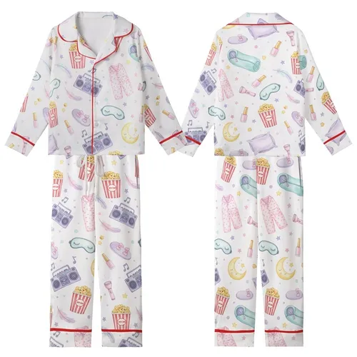Girls' & Tweens' Slumber Party Pajamas: Whimsical Popcorn, Sleep Mask & Watercolor Elements Kid Satin Pajamas Set