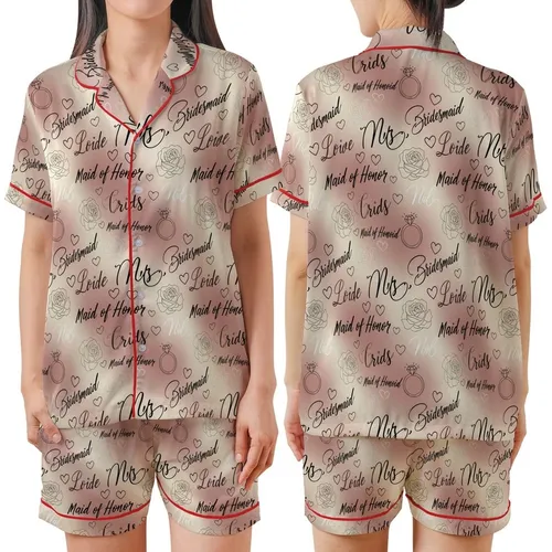 Bridesmaid & Bride Satin Sleep Set: Script Pattern, Rose Gold & Pink - Camisole Loungewear Kid Satin Pajamas Set