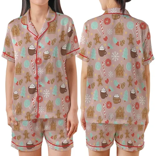 Women's Cozy Muted Pink Gingerbread Sleep Set: Festive Cookie, Holly & Candy Cane Print Satin Short-Sleeve Pajamas Set