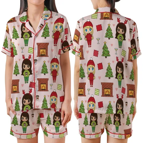 Chibi Best Friends Christmas Pajamas Clipart: Cozy Soul Sisters Pattern PNG Satin Short-Sleeve Pajamas Set
