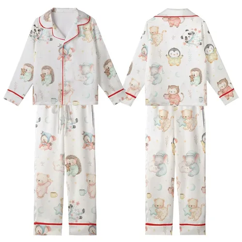 Watercolor Baby Animals Pajamas: Woodland Critters Seamless Pattern Sleep Set Kid Satin Pajamas Set