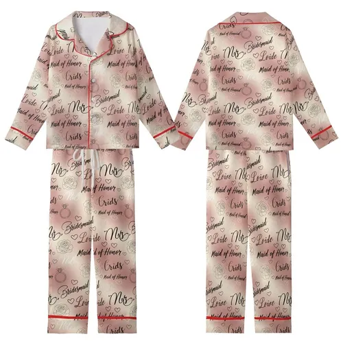 Bridesmaid & Bride Satin Sleep Set: Script Pattern, Rose Gold & Pink - Camisole Loungewear Kid Satin Pajamas Set
