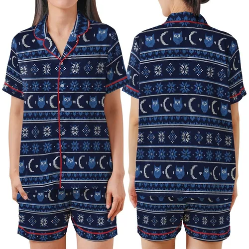 Scandinavian Fair Isle Night Owl Pajamas: Navy Blue Owl, Moon & Star Pattern Kid Satin Pajamas Set