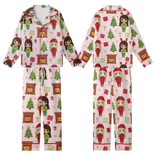 Chibi Best Friends Christmas Pajamas Clipart: Cozy Soul Sisters Pattern PNG Kid Satin Pajamas Set