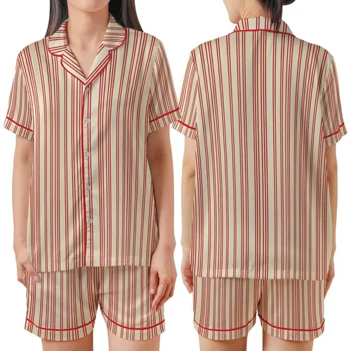 Family Christmas: Cream & Red Triple Vertical Stripe Polyester Spandex Pajamas Set Satin Short-Sleeve Pajamas Set