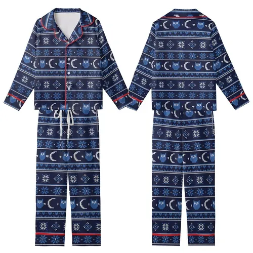 Scandinavian Fair Isle Night Owl Pajamas: Navy Blue Owl, Moon & Star Pattern Kid Satin Pajamas Set