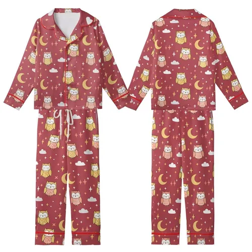 Family Matching Pajamas: Whimsical Sleeping Owls & Starry Night Print - Soft Poly Spandex Set Kid Satin Pajamas Set