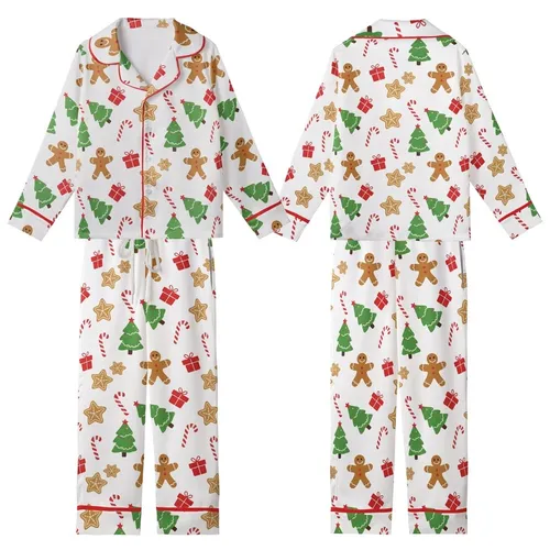 Family Matching Long Sleeve Sleep Set: Whimsical Gingerbread & Christmas Pattern - Soft Polyester Spandex Kid Satin Pajamas Set