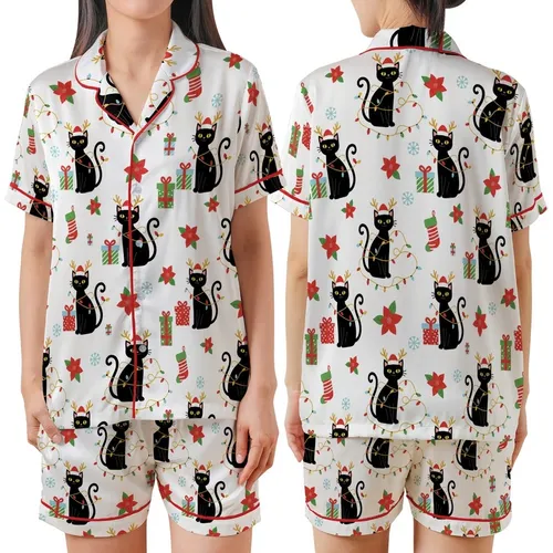 Matching Family Christmas Pajamas: Whimsical Black Cat, Poinsettia & Snowflake Design - Soft Poly Spandex Satin Short-Sleeve Pajamas Set