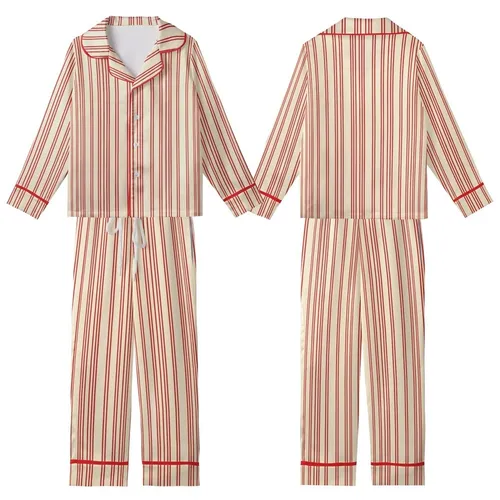 Family Christmas: Cream & Red Triple Vertical Stripe Polyester Spandex Pajamas Set Kid Satin Pajamas Set