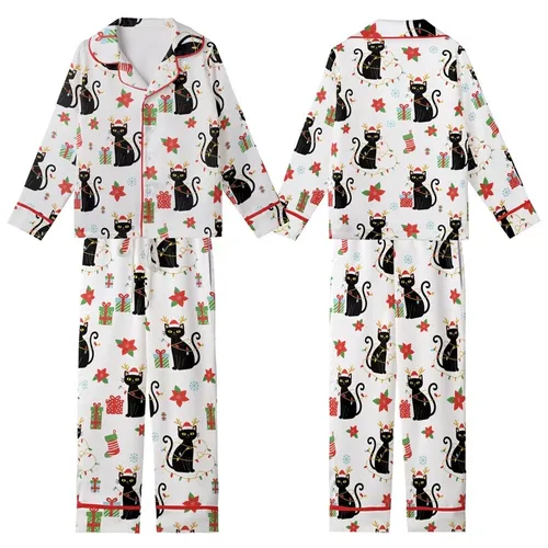 Matching Family Christmas Pajamas: Whimsical Black Cat, Poinsettia & Snowflake Design - Soft Poly Spandex Kid Satin Pajamas Set