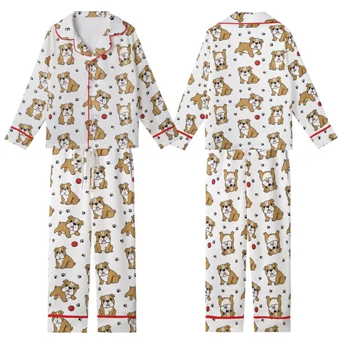Bulldog Lover Pajamas: Playful Fawn Cartoon Dog All-Over Print Cozy Sleep Set Kid Satin Pajamas Set