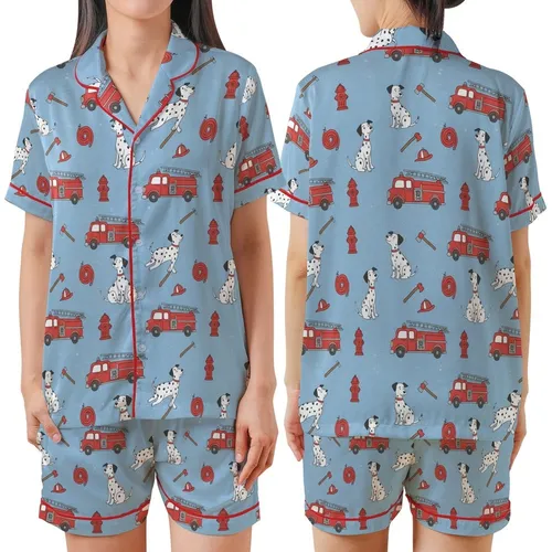 Family Christmas Pajamas: Whimsical Fire Truck Dalmatian Pattern Long Sleeve Matching Sleep Set Satin Short-Sleeve Pajamas Set