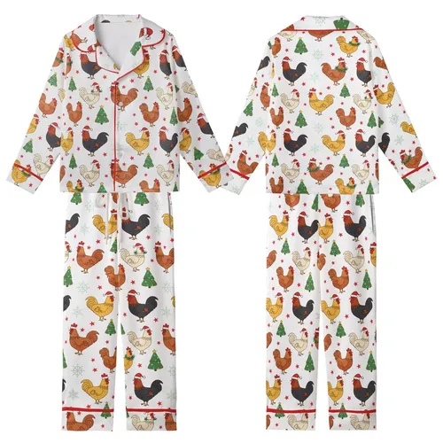 Whimsical Chicken & Christmas Lovers Illustrative Poultry Pattern with Festive Santa Hats, Green Garlands, & Red Stars Kid Satin Pajamas Set
