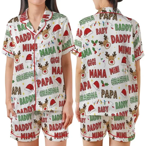 Festive  Pattern: Glitter Knit Leopard Reindeer Santa Holly Lights Satin Short-Sleeve Pajamas Set