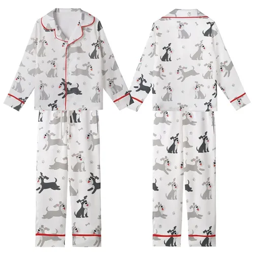 Miniature Schnauzer Lover: Cheerful Cartoon Gray Dog All-Over Print Pajama Set Kid Satin Pajamas Set