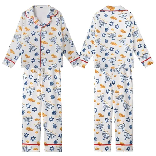 Families' Festive Hanukkah Watercolor Pattern with Blue Menorahs, Dreidels, Stars, Golden Gelt Kid Satin Pajamas Set