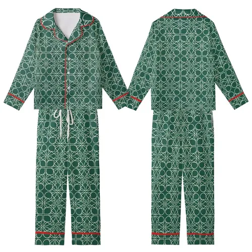 Women's Emerald Green Monogram Satin Sleep Set – Cream Abstract Filigree Loungewear Kid Satin Pajamas Set