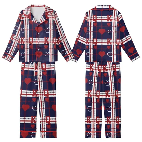 Couples' King Queen Heart Plaid Pattern Cotton Flannel Sleep Set Kid Satin Pajamas Set