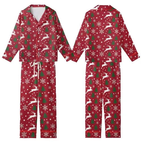 Women's Red Reindeer Snowflake Christmas Tree One-Piece Pajamas Kid Satin Pajamas Set