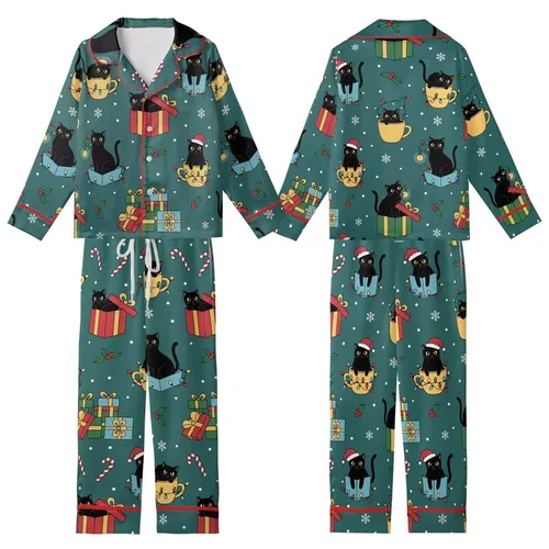 Cat Lover's Teal Black Cat Christmas Pajama Set: Whimsical Santa Hat, Light & Gift Pattern Kid Satin Pajamas Set