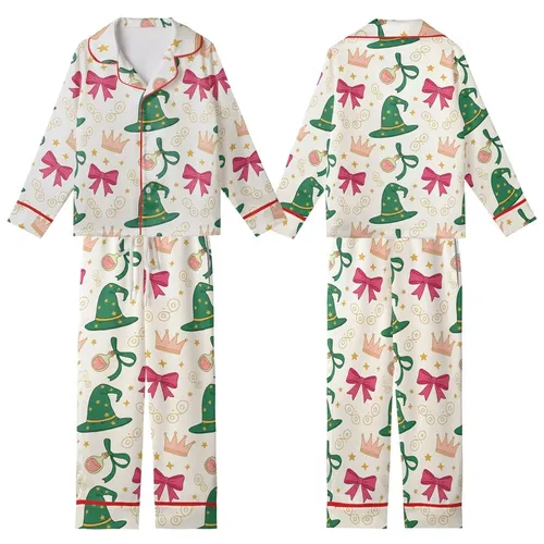 Family Wicked Whimsical Pajamas: Emerald Witch Hat & Fuchsia Bow Knit Set Kid Satin Pajamas Set