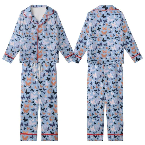 Women's Delicate Butterfly Swarm Pastel Silk Pajama Set: Sky Blue Sleepwear Kid Satin Pajamas Set