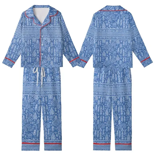 Women's Relaxed Hand Block Cotton Sleep Set: Rustic Pine Tree, Wave, Fish Folk Art Print Kid Satin Pajamas Set
