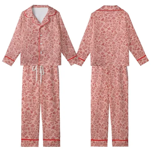 Women's Gentle Skin Loungewear: Rustic Terracotta Wildflower Print Bamboo Cotton Kid Satin Pajamas Set