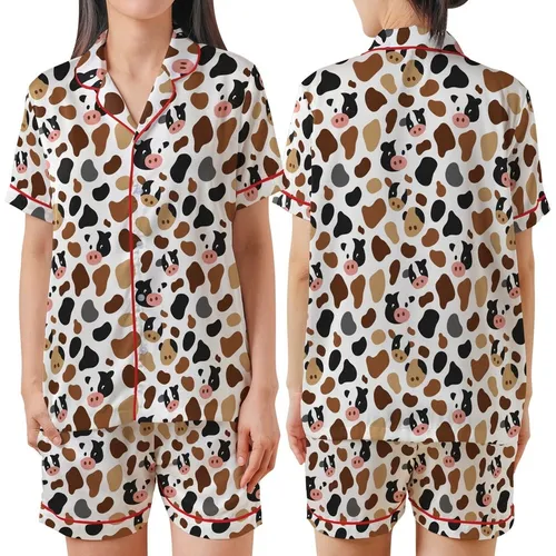 Women's & Family Playful Cow Print Pajamas: Organic Spot & Moo Face Silky Sleep Set Satin Short-Sleeve Pajamas Set