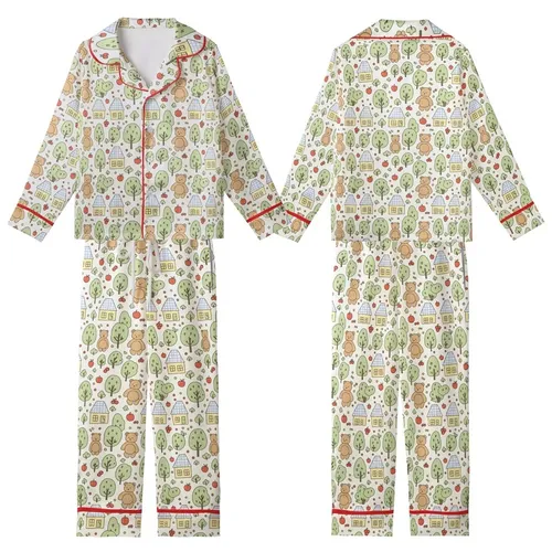 Childlike Aesthetic Adorers' Whimsical Hand-Drawn Teddy Bear Cottage Pattern: Light Brown, Pale Yellow on Creamy Off-White Kid Satin Pajamas Set