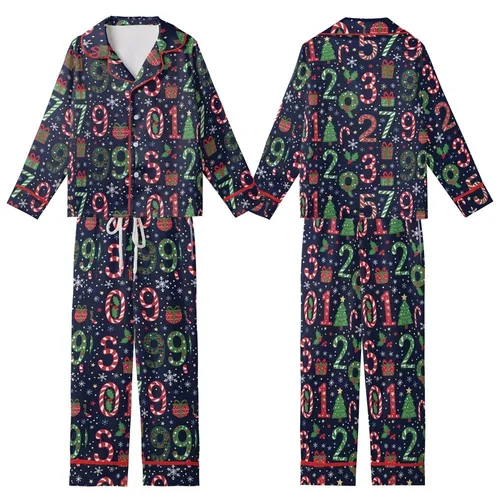 Holiday Enthusiasts' Whimsical Navy Blue Christmas Numerals Pattern with Holly Berries Snowflakes Candy Canes Kid Satin Pajamas Set