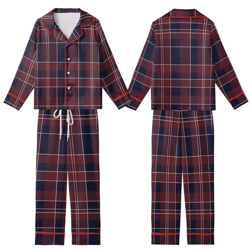 Classic Style Aficionados' Heritage Tartan Plaid Deep Maroon Navy Blue Cream Geometric Pattern Kid Satin Pajamas Set