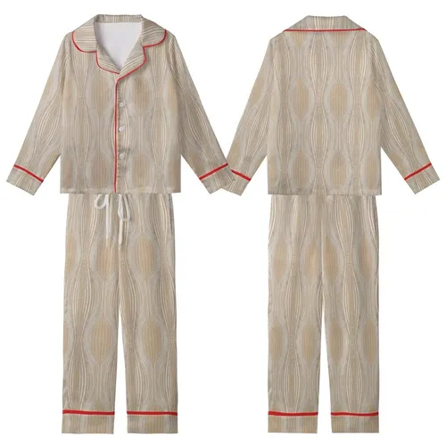 Women's Minimalist Ribbed Loungewear: Oatmeal Knit Texture Design Set Kid Satin Pajamas Set