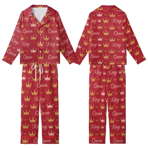 Royal Style Enthusiasts' Ruby Red King Queen Crown Matte Gold Rose Gold Script Seamless Pattern Kid Satin Pajamas Set