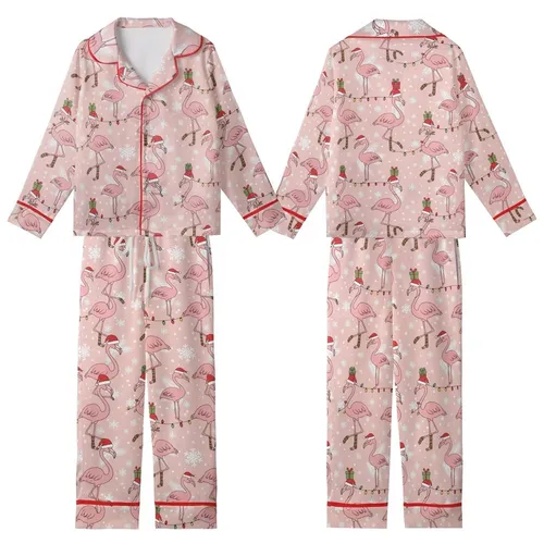 Women's Whimsical Pink Flamingo Christmas Sleep Set: Santa Hat & String Light Holiday Pattern Kid Satin Pajamas Set