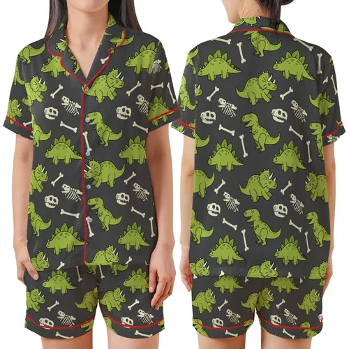 Dinosaur Lovers' Whimsical Lime Green Cartoon Dinosaur & Off-White Fossil Satin Short-Sleeve Pajamas Set