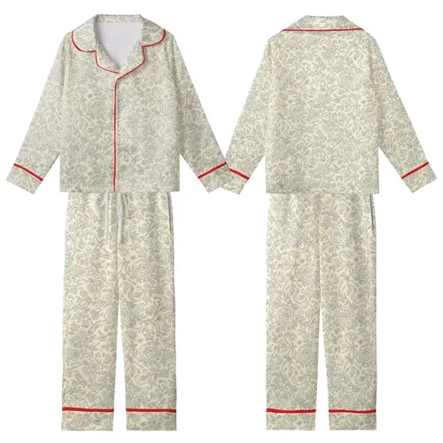 Women's Creamy Yellow Slate Grey Botanical Etching Rose Peony Butterfly Vine Pattern Kid Satin Pajamas Set