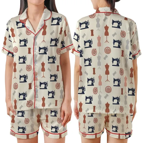 Sewing Enthusiasts' Retro Illustrative Pale Cream Navy Grey Pink Vintage Sewing Machine & Spools Pattern Satin Short-Sleeve Pajamas Set
